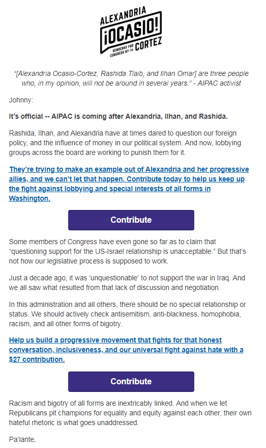 Ocasio Cortez fundraising off antisemitism blaming AIPAC