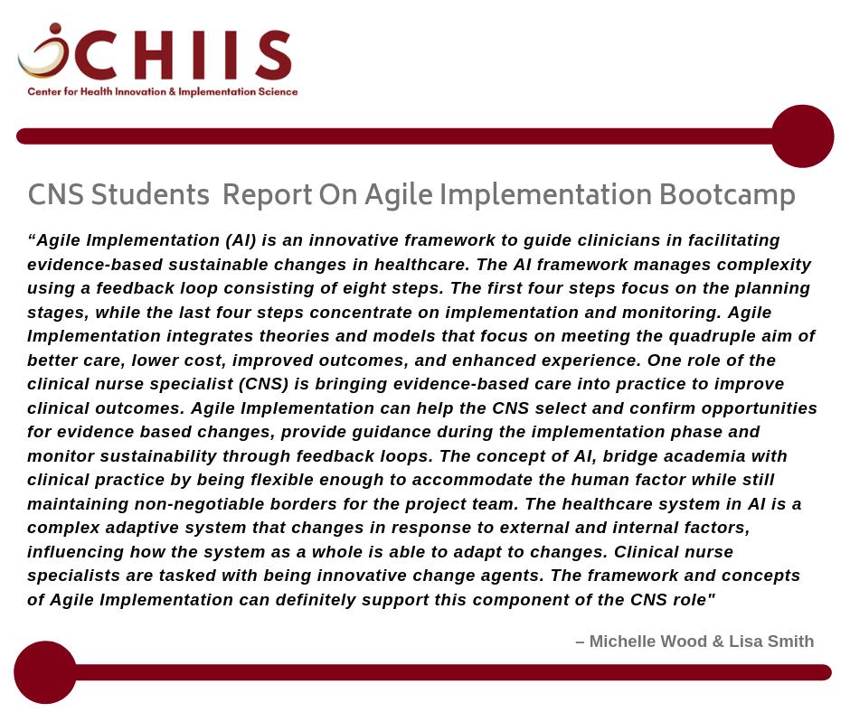 TheCHIIS's tweet image. Agile Implementation Methodology can help Clinical Nurse Specialists. Here is what two CNS students who attended our AI Bootcamp had to say @TheCHIIS #agileprojectmanagement #nursing #implementationmethodology #clinics #healthcareadministration #healthcare
