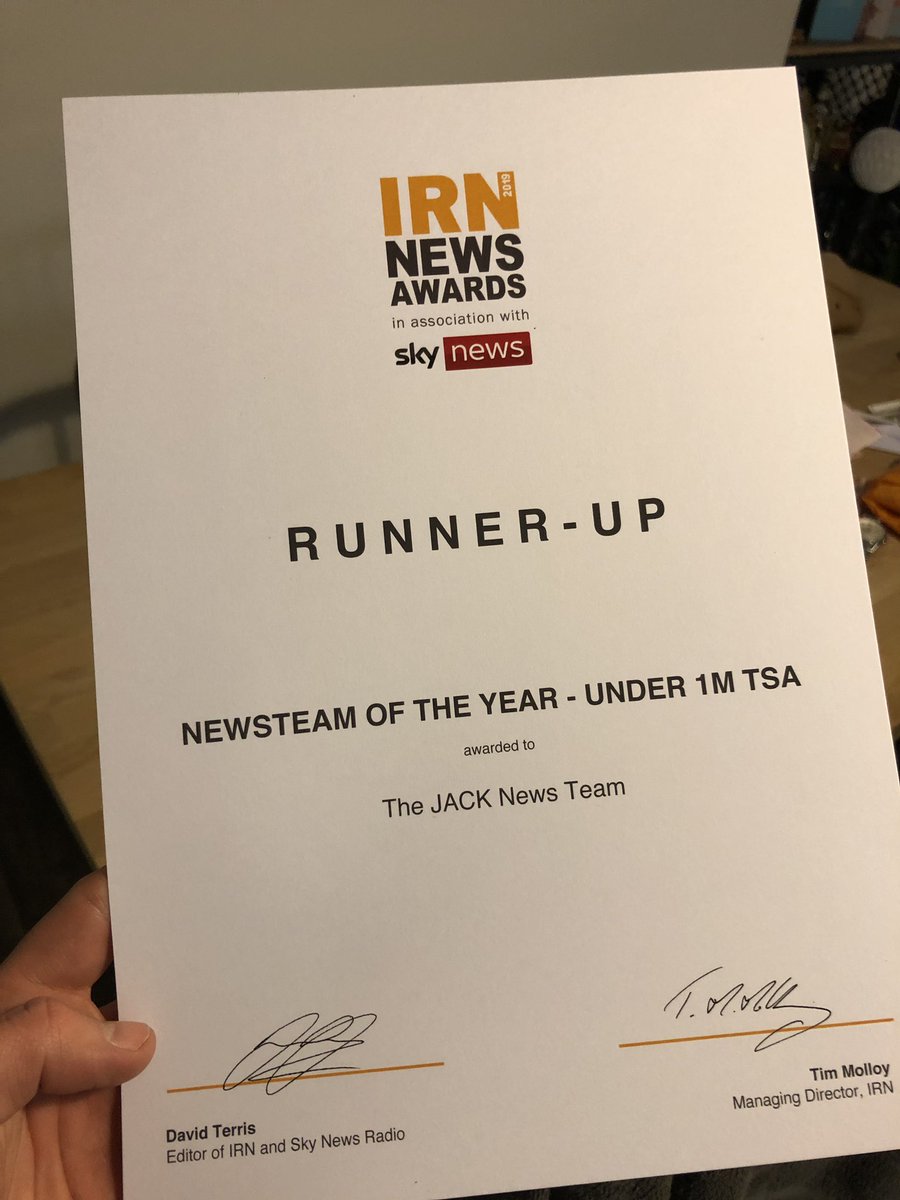SteveForbes_'s tweet photo. May not have picked up Newcomer, but I was chuffed to just be nominated. However, WE got 2nd best news team (...under 1M TSA). So proud of our small, but perfectly formed @jackfmnews team. ๐ @josummerbell @k_emzik #IRNAwards https://t.co/ahRdu45d2w
