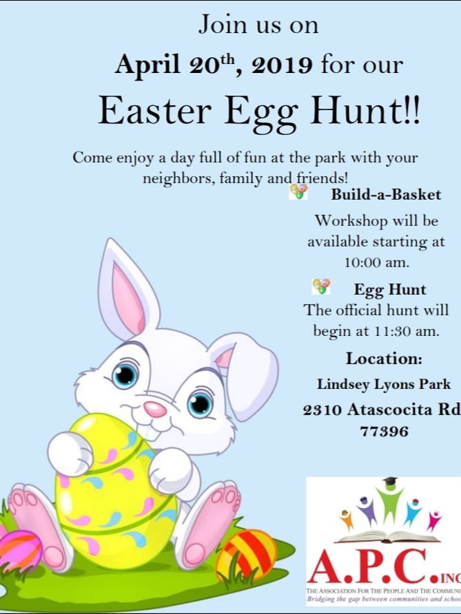 apchouston1's tweet photo. Come out to Lindsey Lyons Park on April 20th, 2019 with your family and friends. Join in on all the fun at our Easter egg Hunt. https://t.co/EpHEpsygDw