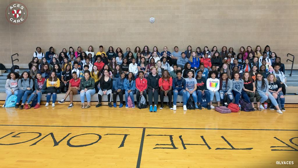We took a trip to Legacy High this morning to speak to 200+ female student athletes. @CarolynSwords and @RushiaB spoke about the Aces and important lessons and skills learned in college that translate to success both on and off the court. #AcesCare