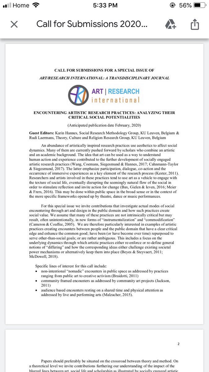 Art/Research International (of which our own Dr. Conrad & Brent Saccucci are editors) is now accepting submissions for its Feb 2020 issue on Social Potentialities. #artsed #artsresearch