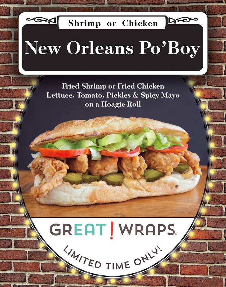 GreatWraps's tweet image. Our New Orleans Po'Boy has arrived at participating locations for a limited time! With your choice of fried shrimp or chicken, spicy mayo, pickles, lettuce, &amp;amp; tomato, try our take on this Southern classic while it lasts! #neworleanspoboy