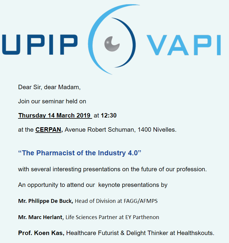 Frank_Tobeas's tweet photo. Do you want to know what our tasks  in the life sciences will look like in the future? @kaskoen will talk about the digital and DNA revolution in healthcare at the @upip_vapi seminar on March 14th. To attend, send an email to info@upip-vapi.be or visit https://t.co/YTCiDrpUdl. https://t.co/3UAT4RESSt