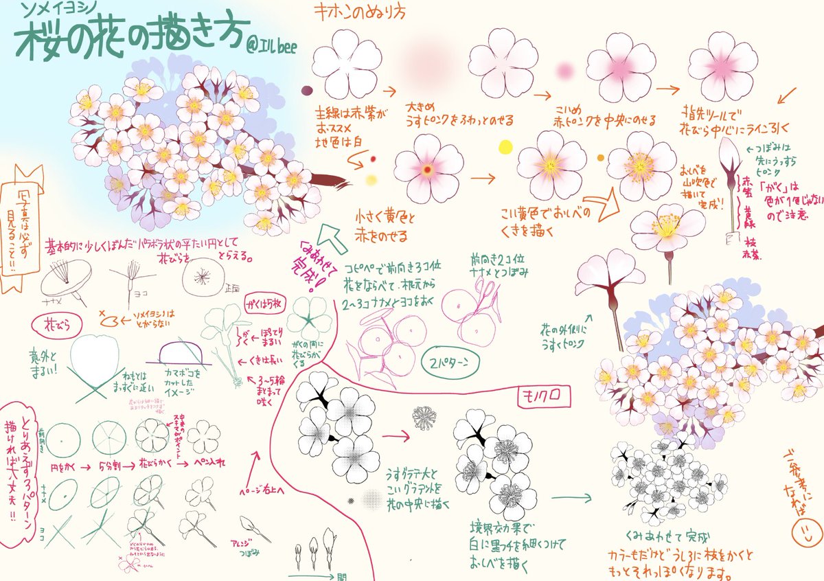 Twitter 上的 エルbee 桜の花描き方howto そろそろ春なので桜 簡単かはわかりませんが 自分の桜の描き方をなんとなくまとめました クリスタ使用を想定しています Clipstudio イラストメイキング お絵描き好きさんと繋がりたい T Co Bg9zrkokp8