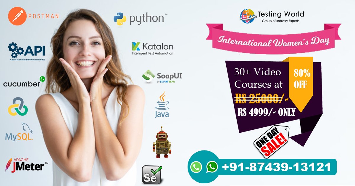 world_testing's tweet image. Testing World is celebrating International Women’s Day 2019! Get a special offer only for women around the world Video course package of 30+ software testing courses worth 25,000/- INR with a discounted price 4999/- INR only! Call or WhatsApp us now at +91-87439-13121

#IWD2019