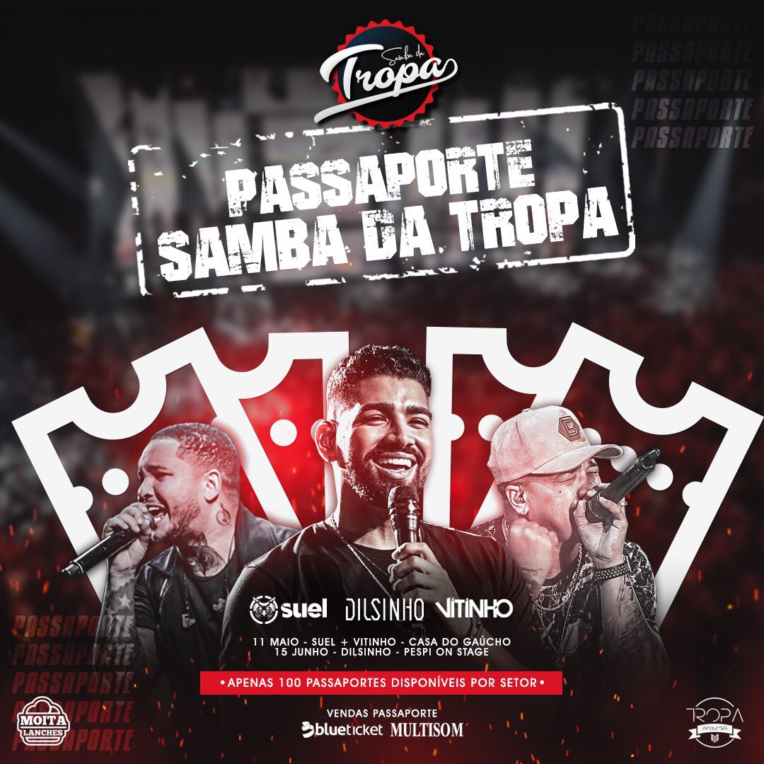 troopeventos's tweet photo. PASSAPORTE VOCÊ NO SAMBA DA TROPA EM DOSE DUPLA 🎟🎟.

APENAS para os 100 primeiros a adquirirem o passaporte “você nos eventos (Suel + Vitinho &amp; Dilsinho).” : 

Passaporte PISTA = R$50,00.

Passaporte VIP = R$90,00.

*1 passaporte vale a entrada para os 02 eventos.* https://t.co/DhN51AjY4e