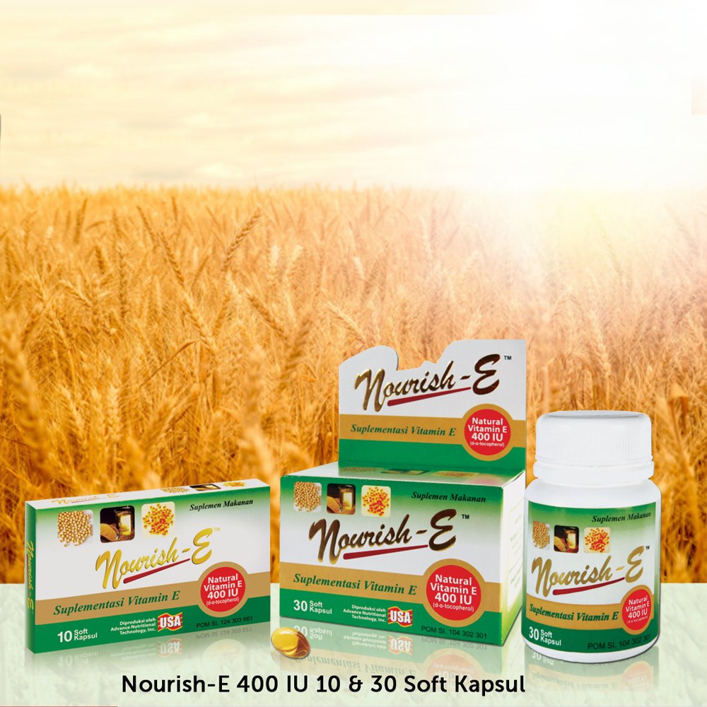 Dapatkan manfaat Vitamin E alami ini pada Nourish-E, suplemen Vitamin E  alami berasal dari Wheat Germ + Soybean Oil yang dapat melindungi  sel-sel kulit kita dari radikal bebas, meningkatkan elastisitas serta  kelembaban kulit. #JumatBerkah