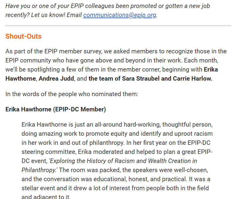 Artsy_E's tweet photo. Thank you @EPIPNational for featuring this thoughtful shout-out in the newsletter, and to the two anonymous people from @EPIPDC who submitted such kind works. This warmed my heart! #philanthropy #racialequity #shoutout #EPIP #EPIPDC https://t.co/7vgzlNShyE