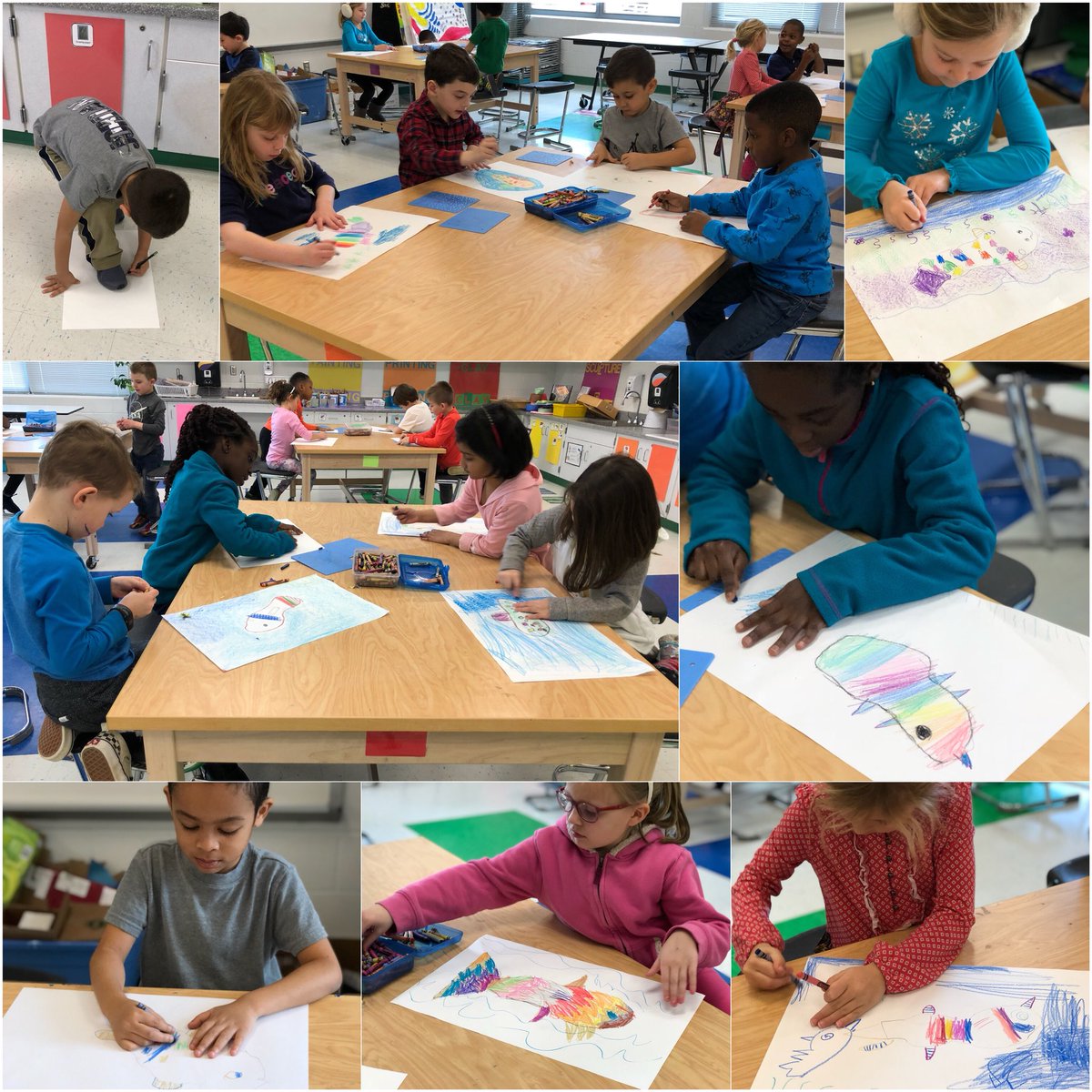 Jmschickel42's tweet photo. @McDadeKinders continued to #developskill w/crayon & texture plates to finish transforming their feet into fancy fish! @StratfordLndgES https://t.co/SG7Vgt8UjG