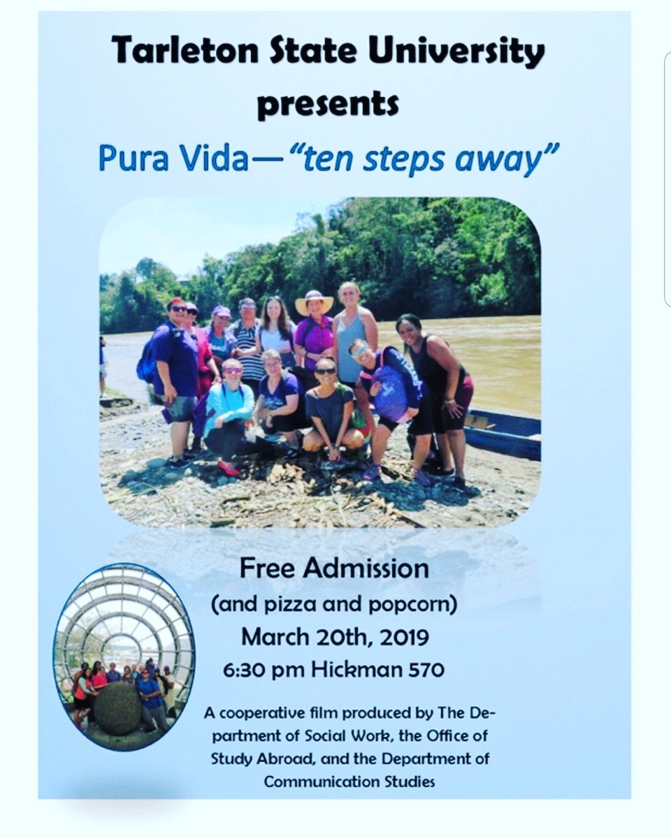 SswaTsu's tweet photo. Please join us! This is a great opportunity to get an inside look at the Social Work study abroad program at TSU. Come hang out with old friends and be prepared to make new ones! #puravida #TSUFW #TSU #socialwork #studyabroad #tarletonstate @DrNJonesTSU @TarletonSOCW https://t.co/bTjxIJ1y32