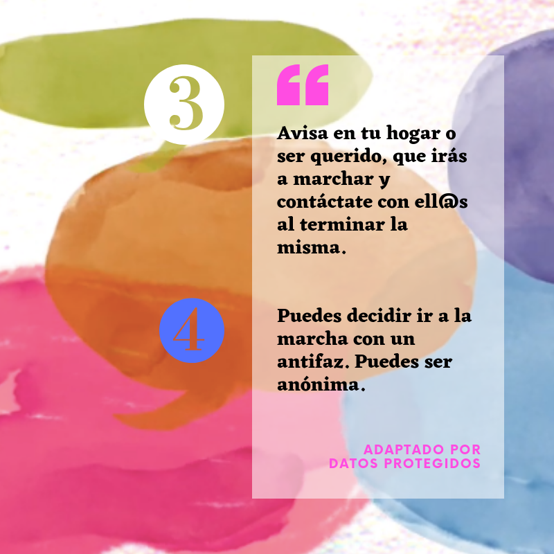 datosprotegidos's tweet image. ¡Para ti y todas nuestras amigas! Elaboramos y adaptamos una serie de recomendaciones para que puedas organizar el antes, durante y después de la marcha #8m. Estos son los consejos que debes considerar antes de asistir. Ya iremos compartiendo las demás. ¡Nos vemos 😎!