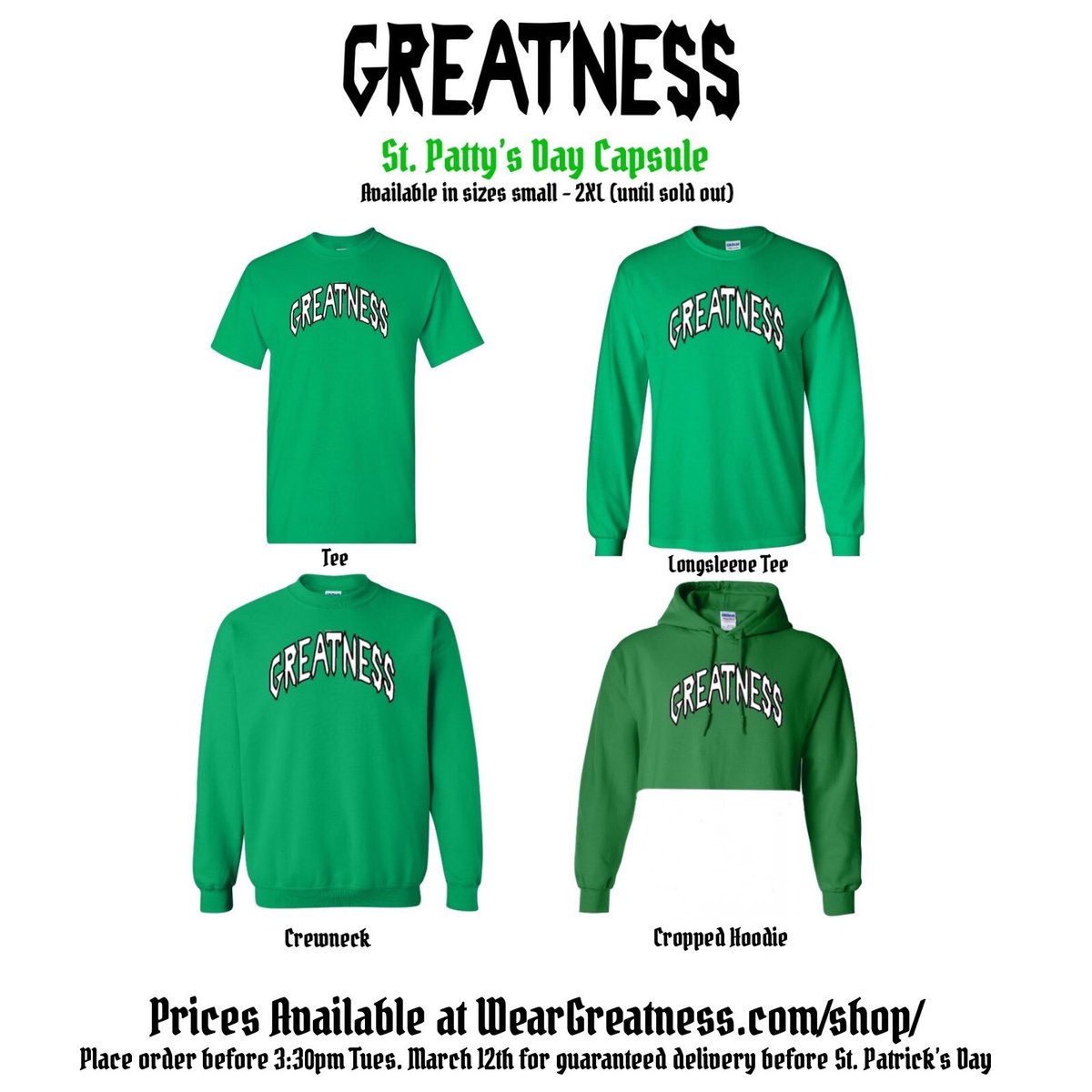 GreatnessTheOne's tweet image. Greatness St. Patty’s Day Capsule Collection available now! Order before March 12th and get your order GUARANTEED before St. Patty’s day WearGreatness.com/shop/

DM us to find out about our group order savings deal 🍀👀🍀 #StPatricksDay