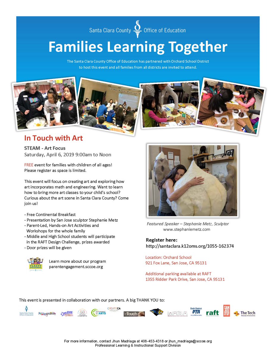 SCCOE's tweet photo. Get in touch with art! Santa Clara families are invited to 'Families Learning Together', a STEAM event focusing on how to create art and how it incorporates math and engineering. Register here: https://t.co/3JmZTvwyZI https://t.co/cVKS5dyb81