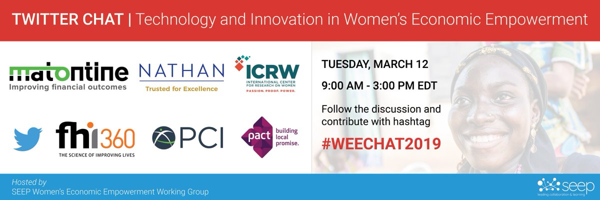 📢 STARTING NOW!  Join in for 
 a #TwitterChat on Technology and Innovation in Women's Economic Empowerment w/ @TheSEEPNetwork. Follow and contribute w/ #WEECHAT2019!  #IWD2019 #BalanceforBetter bit.ly/2VMIFvV