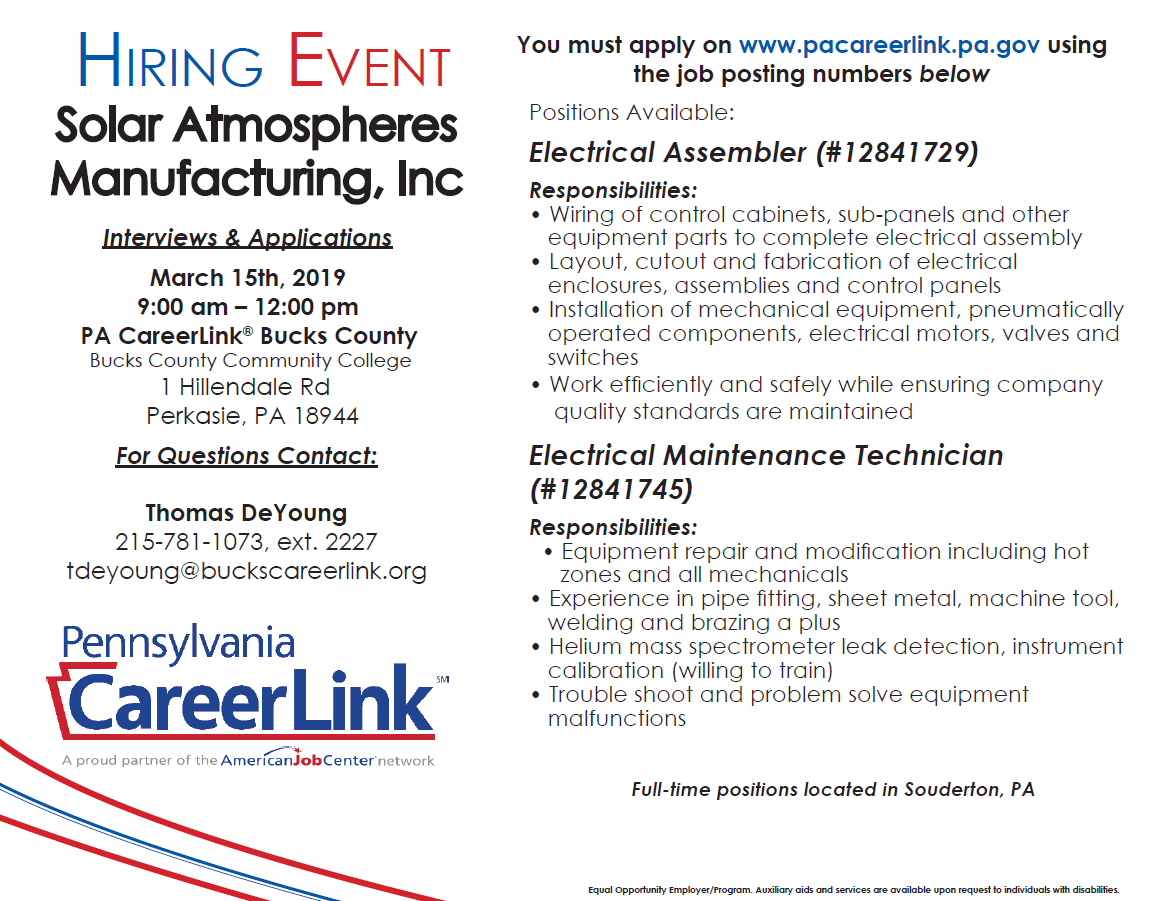 PACareerlinkBC's tweet image. Hiring Event! Friday, March 15th, Solar Atmospheres Manufacturing will be at the PA CareerLink® Bucks County Perkasie location from 9- 12 PM! Looking to fill multiple manufacturing positions! Please see flyer below for more details!
#buckscounty #jobs #Metasource #Data