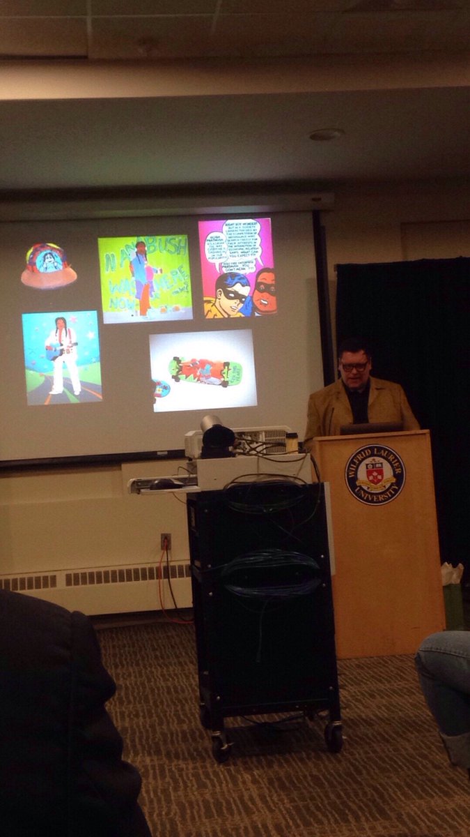 fdiwan7's tweet photo. Lecture with #BarryAce @WLUIndigenous. Really loving his SPN (Super Phat Nish) work! #laurierindigenous #artists #VisualArt #KWAwesome https://t.co/Zf74WvihlC