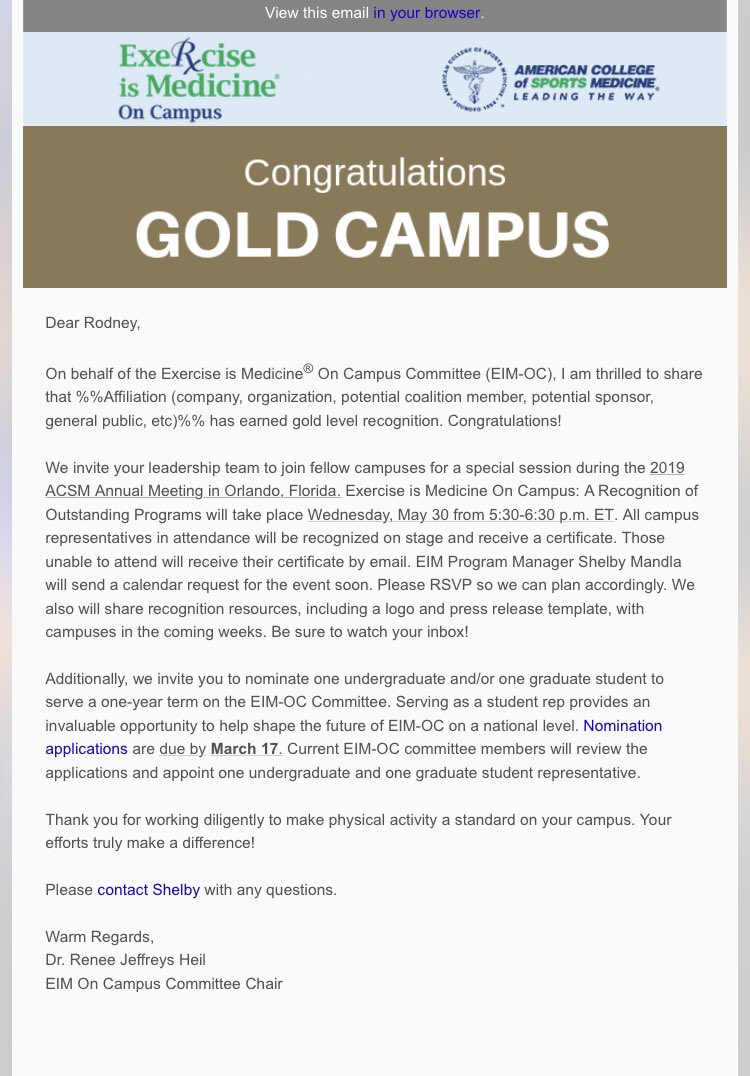 Hampton University HPER and University just received Gold Level recognition through American College of Sports Medicine's Exercise is Medicine. More details at  exerciseismedicine.org