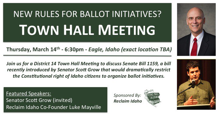 reclaimID's tweet photo. Senator Scott Grow has introduced a bill that would virtually revoke our constitutional right to organize ballot initiatives. We are hosting a Town Hall  Meeting in his district, and he is invited to speak to his constituents. We await his reply to our invitation. #idpol https://t.co/HBcGuypbeF