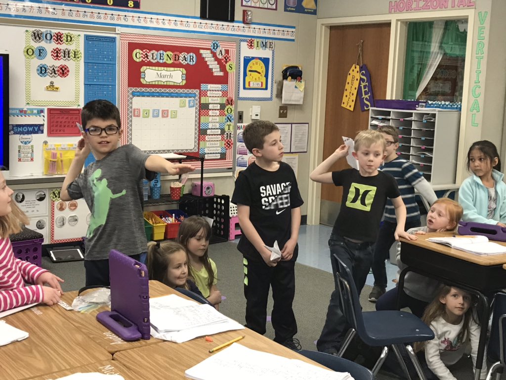 LButtry1's tweet image. 1st graders used prepositional phrases to describe where their paper airplanes landed! #connectses #bulletpride