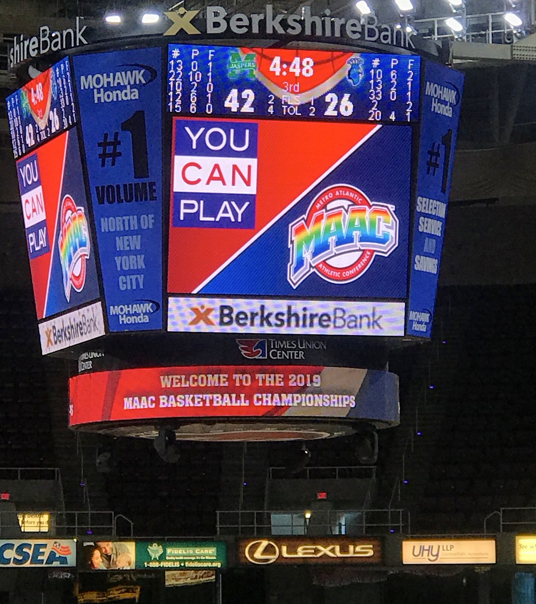 YouCanPlayTeam's tweet image. You Can Play is at the @MAACSports Basketball Championships in Albany, New York. 🏀🏳️‍🌈

Not only are there PSAs throughout the entire tournament, but the MAAC is also having #YouCanPlay do a workshop with athletes. 

#MarchMadness #MAACSports @MAACHoops @MAAC_SAAC  
❤🧡💛💚💙💜