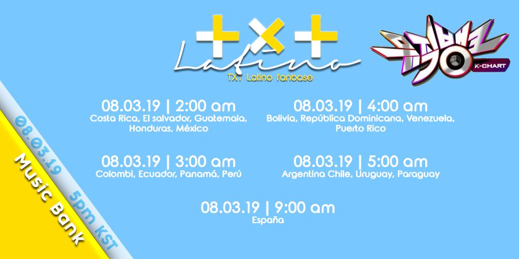 MyTXTLatam_'s tweet photo. 🗓️ | #TOMORROW_X_TOGETHER 

@TXT_members se estarán presentando en el music show de KBS, "Music Bank" el día 08.03.19.

Pueden verlo a través de estos links:
link 1: https://t.co/B2Q1fXotvP
link 2: https://t.co/gRondFarss

-💙 https://t.co/PZaNHn64Hm