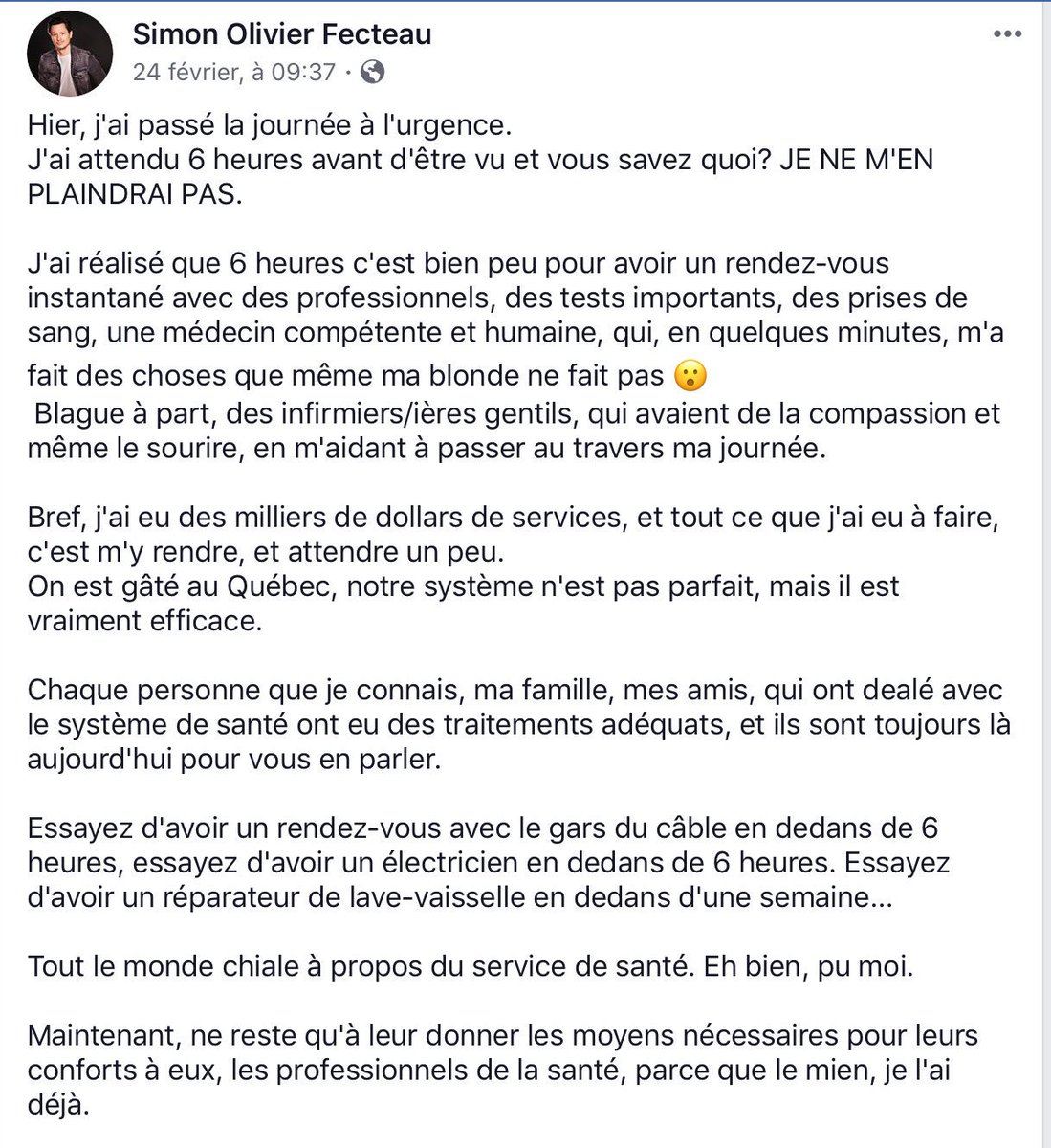 Je salue la franchise de cette vedette du petit écran qui souligne que nous sommes privilégiés d'avoir un réseau de santé comme le nôtre. #santé #polqc