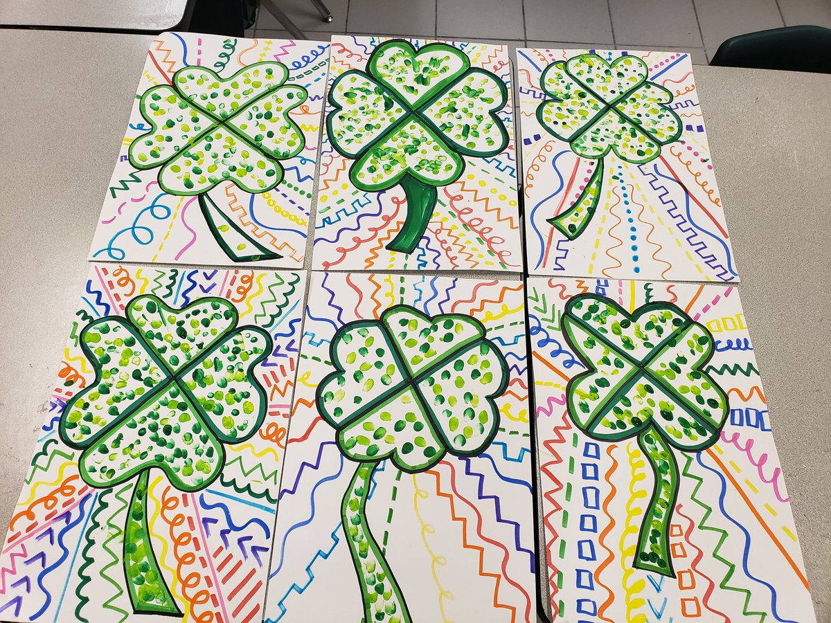 Adaptive art class rainbow shamrocks made in art today! Fingerprints to fill shamrocks,  rainbow line variety around. #elementaryart #artteacherlife #create #kidsart #drawing #printing #shamrocks #stpatricksday #adaptiveart