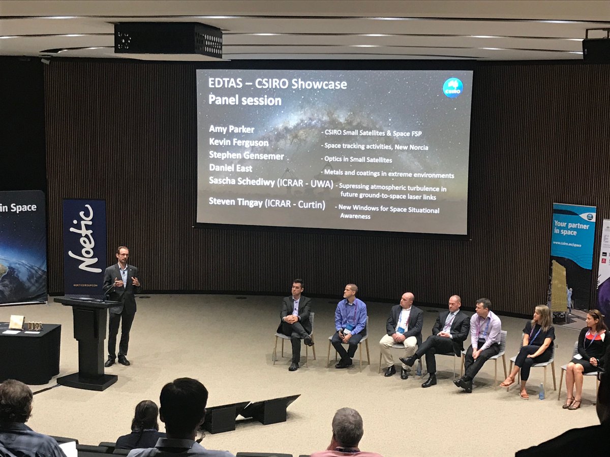 ICRAR's tweet photo. ICRAR researchers (including Deputy Executive Director @stingay) spoke about their space technology at the @DefenceScience #EDTAS yesterday. We're looking forward to translating radio astronomy and SKA technology for the #space industry. @AusSpaceAgency https://t.co/dyxwLrFvMM