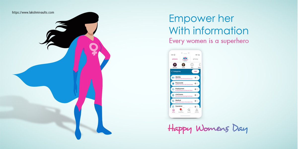 LakshmiVaults's tweet photo. Empowering Women Empowers Nation.
This women's day make your women a real superhero by sharing all your documents with her in Lakshmi Vaults mobile app.

#InternationalWomensDay #WomensDay #WomensHistoryMonth #InternationalWomensDay2019 #WomensDay2019 #privacy #LakshmiVaults #LV https://t.co/cbZAptjChD