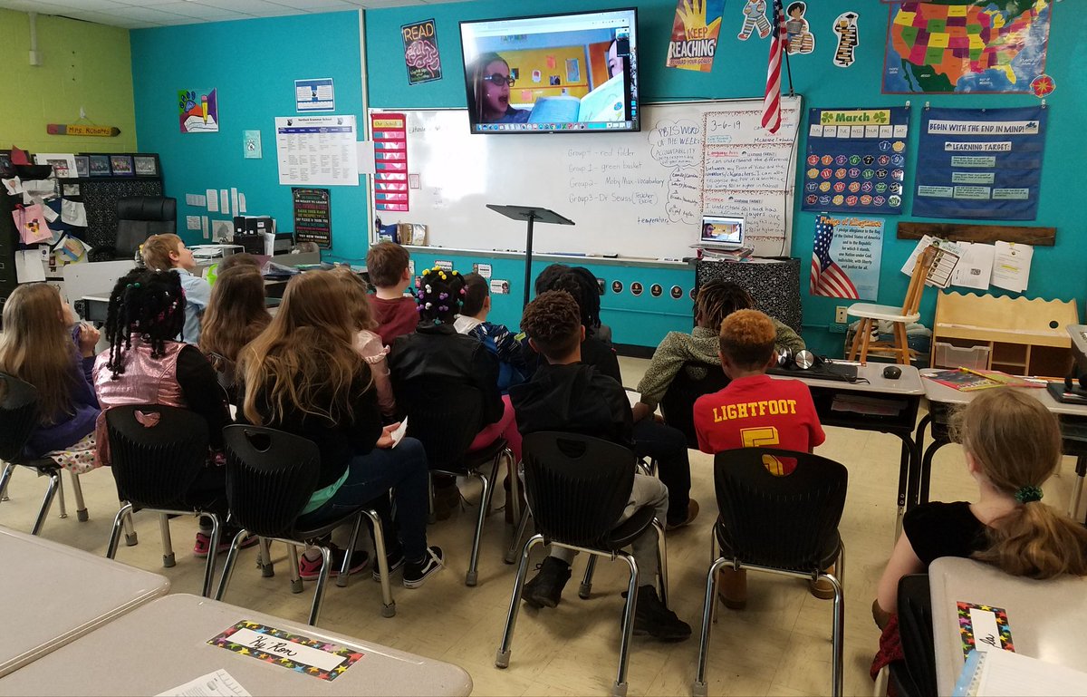 Tiffany201704's tweet photo. My students video chatted with my friend on Kodiak Island in Alaska yesterday and students at PCMS today! They read aloud Dr. Seuss books to my 3rd grade students. :) #ReadAcrossAmericaWeek #DILCohort2018 https://t.co/hpRgRVdJED