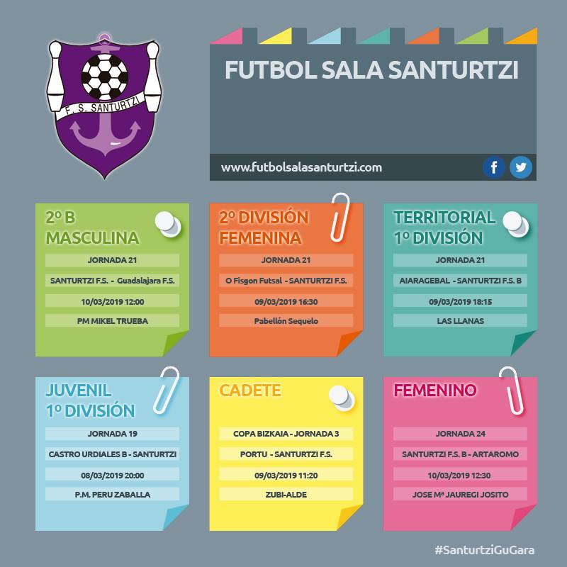 📢 Cartelera | Os dejamos los horarios de todos nuestros equipos. 
Nuestros rivales esta semana son: <a href="/Ciudaddeguadafs/">CD Ciudad de Guadalajara FS</a>, <a href="/ofisgonfutsal/">@ofisgonfutsal</a>, <a href="/Labe_KT/">Aiaragebal KT</a>, <a href="/CFS_Castro/">CFS Castro Urdiales</a>, #Portu y <a href="/Artaromofs/">Artaromo futbol sala</a>
#santurtziGuGara
