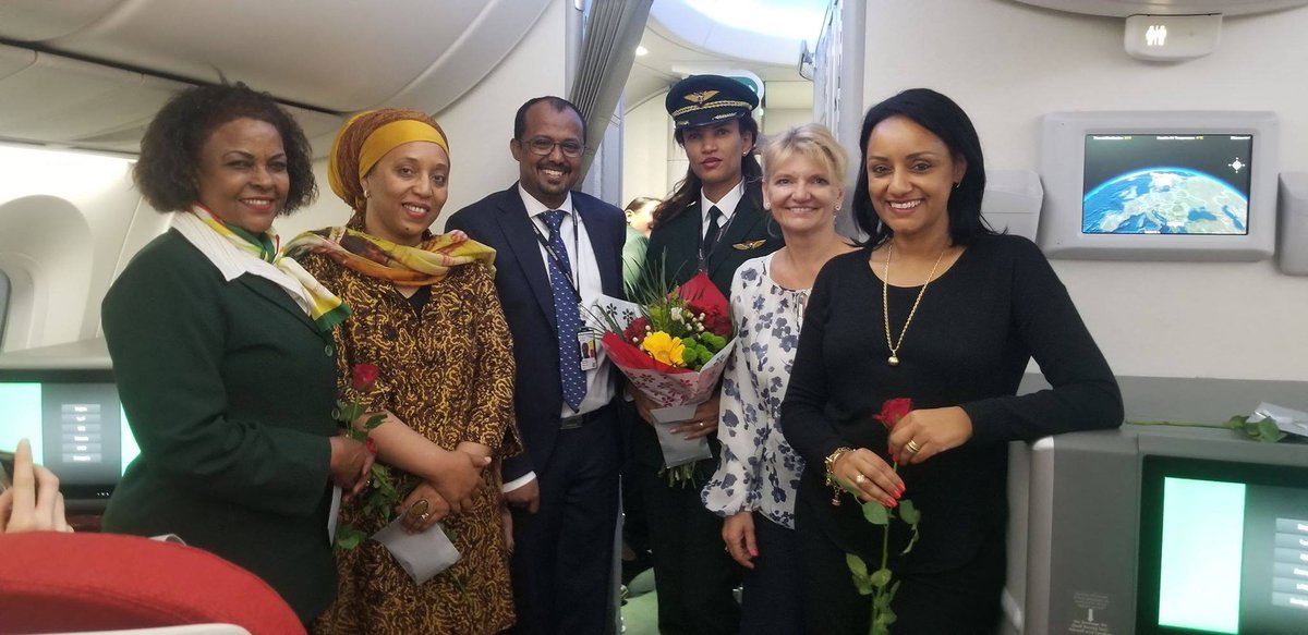 flyethiopian's tweet photo. Ethiopian Airlines #Allwomenoperated flight to Oslo has just arrived and Received a warm welcome by Diplomats and Ethiopian Community in Norway. https://t.co/KBC6acrx7v