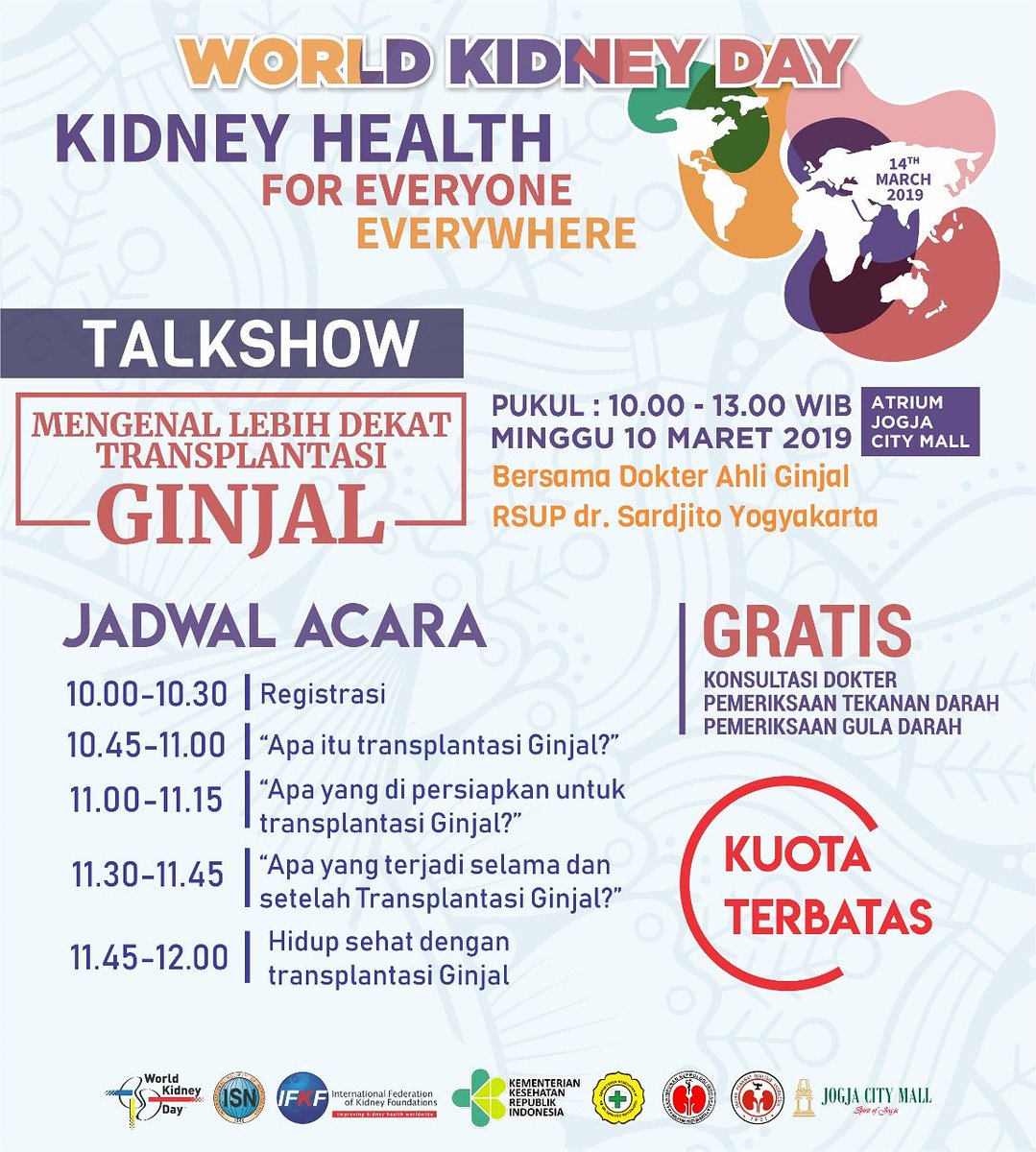 Minggu 10/03/2019 10:00-13:00Wib | Talkshow Hari Ginjal Sedunia 2019 di Jogja City Mall | Umum &amp; Gratis