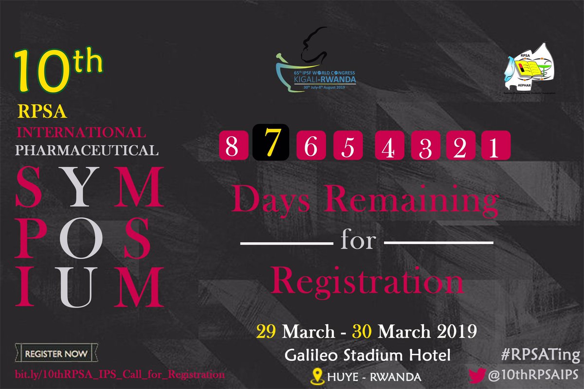 RPSARwanda's tweet photo. 7 Days remaining for registration of #10thRPSAIPS Get registered ASAP by tapping to the link and proceed with payment!!
https://t.co/0C5I6FQKJ9
#RPSATing @IPSFAfRO @IPSFWC2019 @IPSForg @10thRPSAIPS https://t.co/F0yKO4QXrr