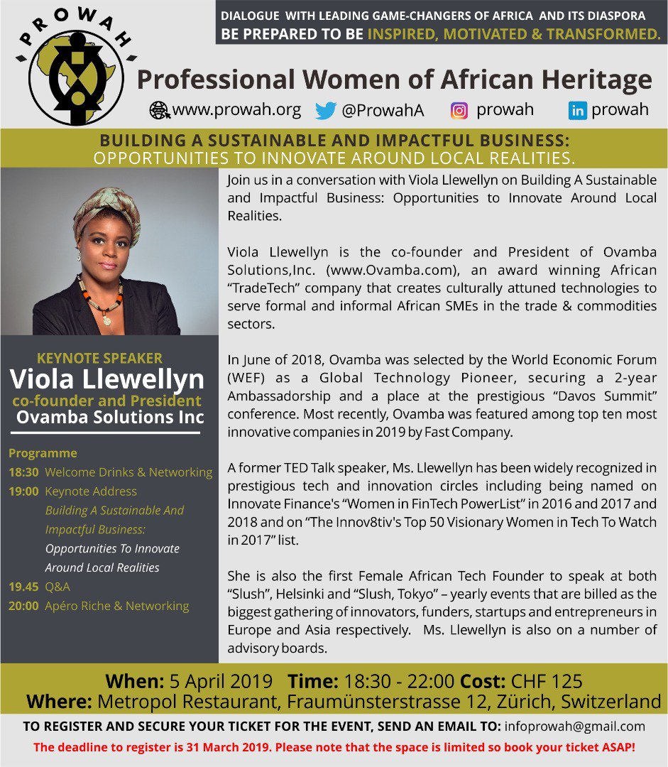 ProwahA's tweet photo. Join us in a conversation with Viola Llewellyn, co-founder and President of Ovamba Solutions (https://t.co/FUC3yjttB0) on "Building A Sustainable and Impactful Business: Opportunities to Innovate Around Local Realities.” @VALlewellyn
@PaulineM4 @swissky  @UNGeneva @rogerfederer https://t.co/GaxT2n9fw4