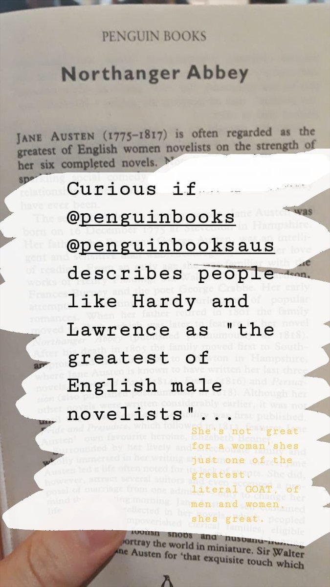 CatStrawa's tweet photo. Curious if @PenguinBooksAus describes people like Hardy and Lawrence as "the greatest of English male novelists"...#shesnotgreatforawoman #shesjustgreat #iwd https://t.co/P5Pco8FB2v