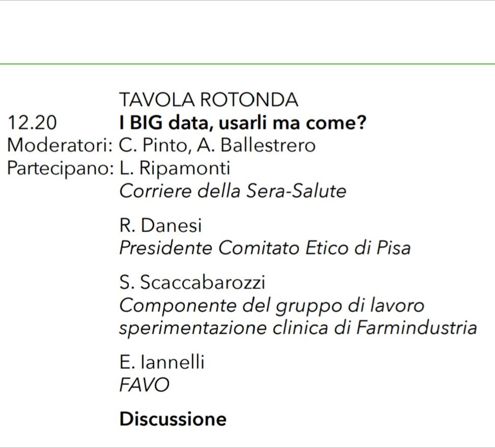 EIannelli's tweet photo. Ora a Firenze x @favo_it al convegno #Goirc per ragionare sull'uso dei #BigData in #oncologia: rischio o opportunità x la #ricerca #scientifica, x la #clinica, x la #medicina di #precisione, x la #sostenibilità del #SSN, ... x i #malati di #cancro!
#AI #datascience #ehealth https://t.co/ofd7MzjEDx