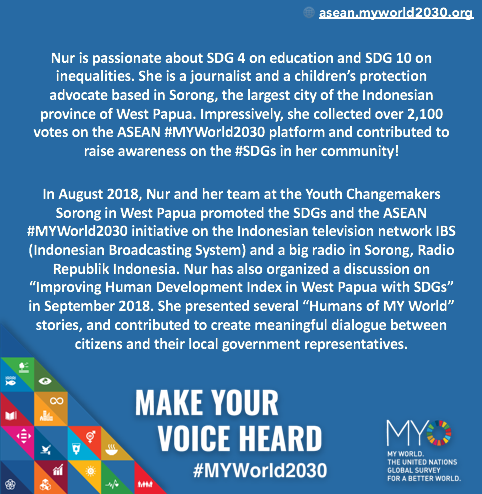 nadineravaud's tweet photo. Meet Nur, she is one of the #MYWorld2030 #SDGs Advocates working at the grassroots level in Indonesia 🇮🇩 #IWD2019 #WomensDay #Act4SDGs #SDG4 #SDG10 💪 Vote here ---> https://t.co/525gCawG1l https://t.co/xVrdfO5LYp