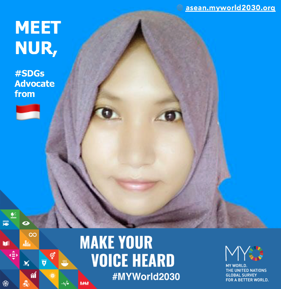 nadineravaud's tweet photo. Meet Nur, she is one of the #MYWorld2030 #SDGs Advocates working at the grassroots level in Indonesia 🇮🇩 #IWD2019 #WomensDay #Act4SDGs #SDG4 #SDG10 💪 Vote here ---> https://t.co/525gCawG1l https://t.co/xVrdfO5LYp