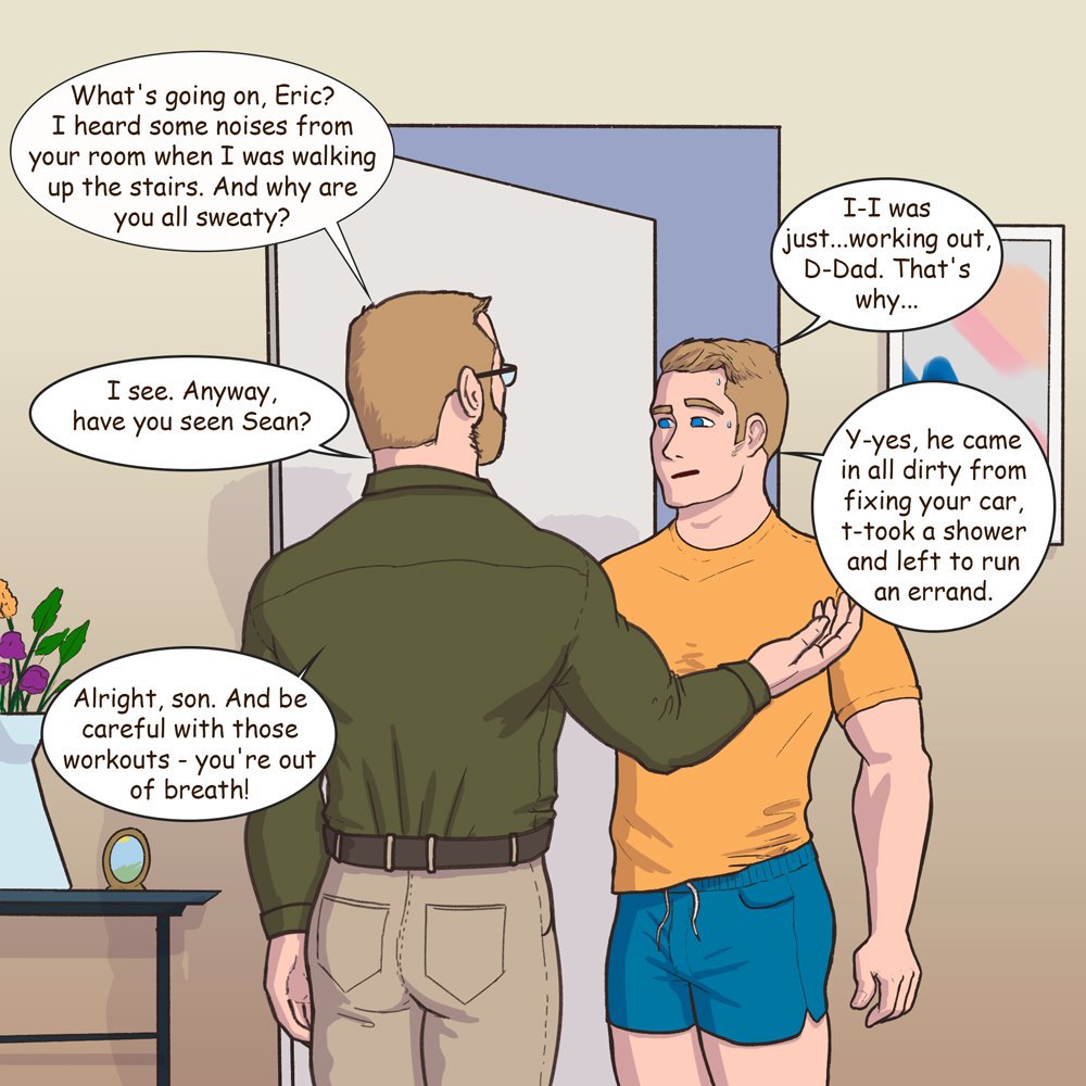 Gabo_artwork's tweet photo. Hey there, I'm working on the comic again!! :) It continues right after the last one ends, it's just a short inter meantime I work on a larger episode.
Erics dad is a bit different now, i like him more this way #comicstrip #gay #DaddysBoys https://t.co/3Guk2WmLeA