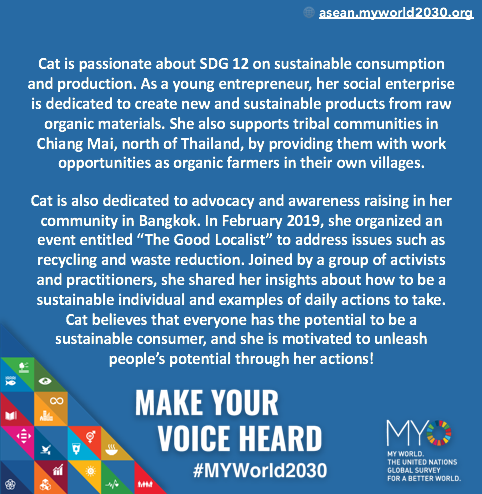 nadineravaud's tweet photo. Meet Cat, she is one of the #MYWorld2030 #SDGs Advocates working at the grassroots level in Thailand 🇹🇭 #IWD2019 #WomensDay #Act4SDGs #SDG12 #SDG13 💪 Vote here ---> https://t.co/525gCawG1l https://t.co/ulBfLIdjep