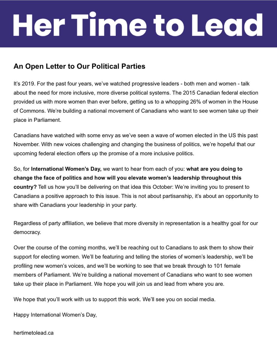 hertimetolead's tweet photo. Happy #IWD2019 We've just shared our open letter w. @liberal_party @ndp @CPC_HQ  @CanadianGreens @BlocQuebecois. We couldn't find @peoplespca. Parties, what are you doing to show Canadian women how you'll be advancing and promoting their election to #Parliament. #hertimetolead https://t.co/hpkABcwkuS
