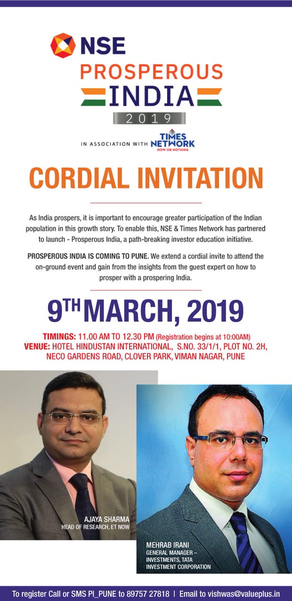 This Saturday <a href="/RealMehrabIrani/">Mehrab Irani</a>
And I bring  <a href="/NSEIndia/">NSE India</a> Prosperous India Show to Pune, inviting all market eficiondos friends &amp; fellow students of investing. We shall discuss how to improve your trading &amp; investing strategies on your road to prosperity..please join us..<a href="/ETNOWlive/">ET NOW</a>