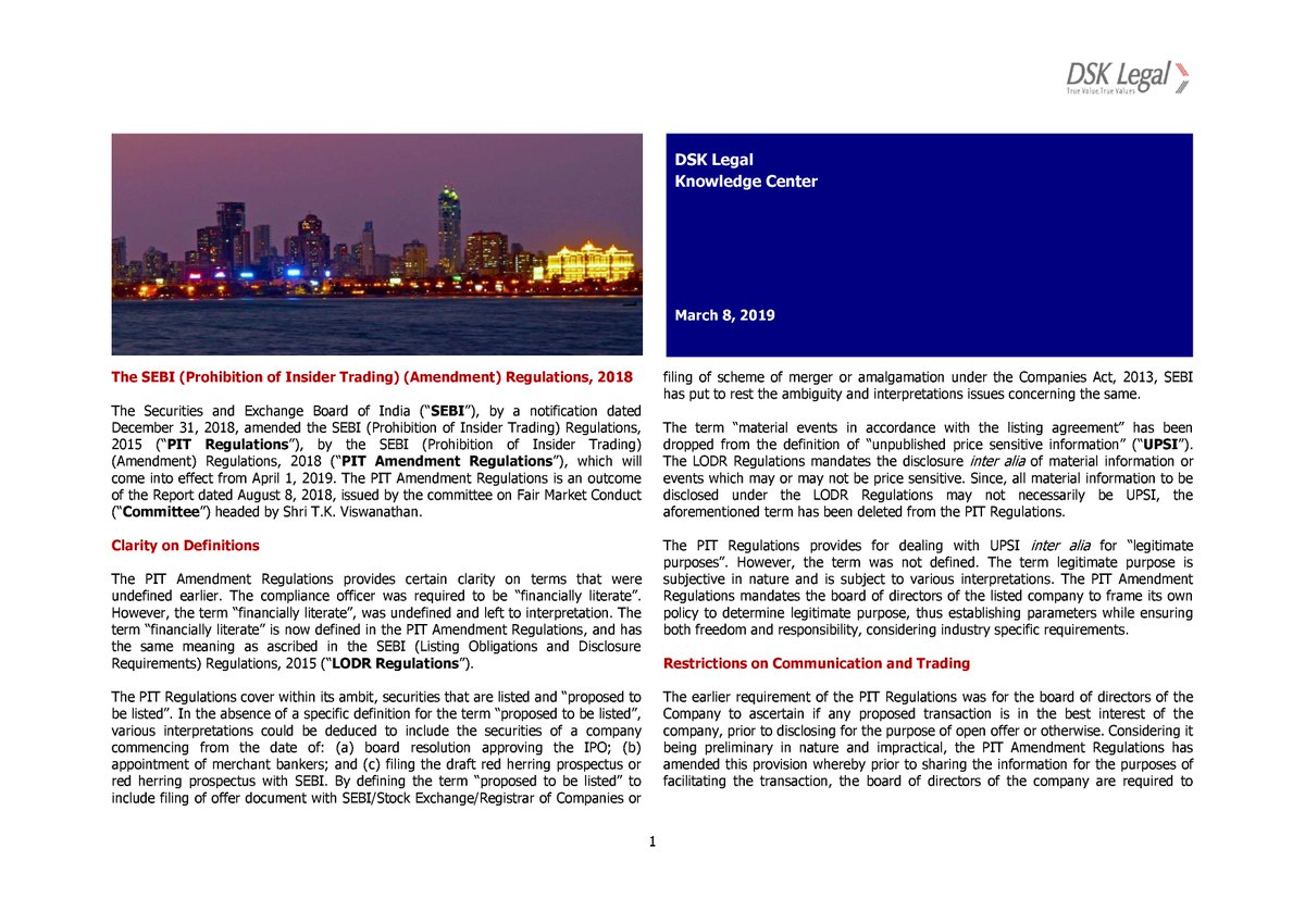Mayank Mehta and Rachel Noronha discuss the key changes made by the recent amendment to the Prohibition of Insider Trading Regulations #article #SEBI #insidertrading
 
Please click on the link below to read:
dsklegal.com/wp-content/upl…