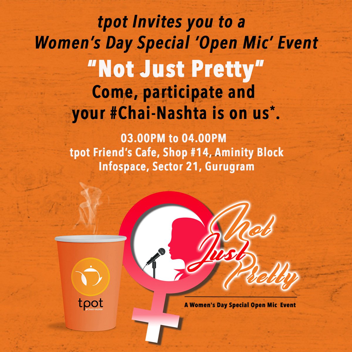 Happy Women's Day!! Come join us!!

#tpot #AajChaiPhirJeetGayi #WomensDay #OpenMic #InternationalWomensDay #HappyWomensDay2019 #IWD2019 #NewIndia4Narishakti #standupcomedy #foodies #delhifoodies #foodiesofinstagram #foodiestweet #foodie #chailovers #chaiaddicts