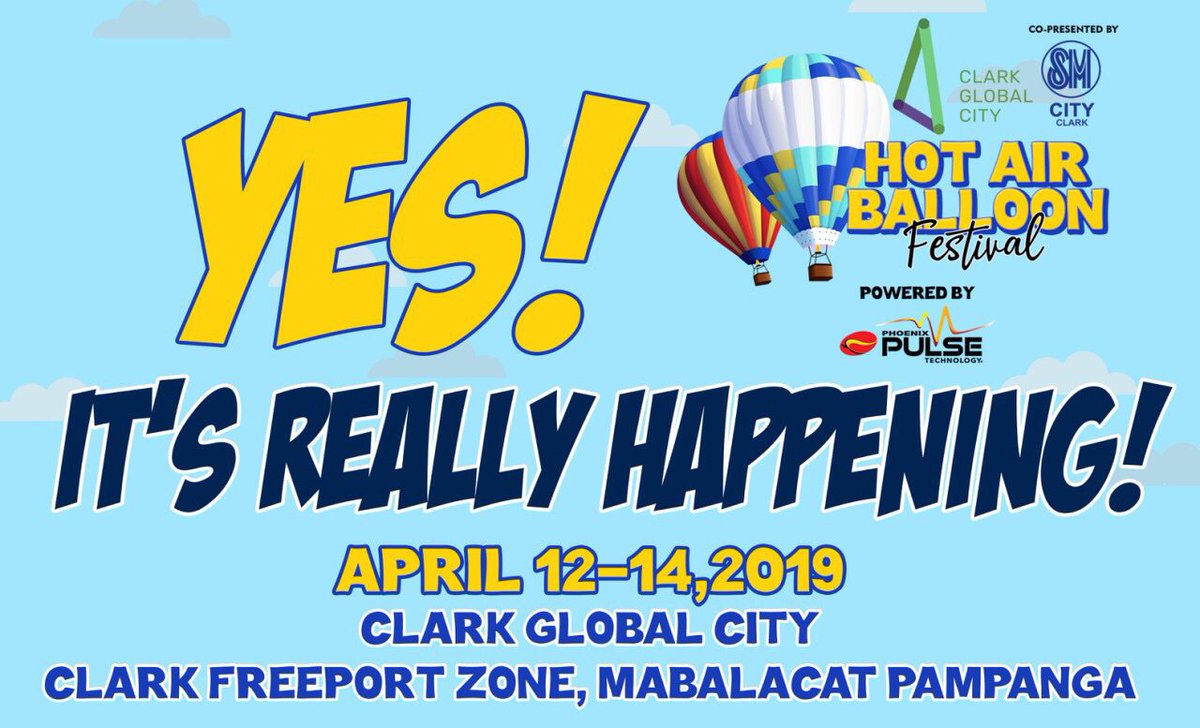 FrontrowHABF's tweet photo. YES you got it so RIGHT! Itโs REALLY HAPPENING! On APRIL 12-14, the Clark global City Hot Air Balloon Festival is set to bring you fun and excitement from ground up! See you all soon!
#ClarkGlobalCityHABF
#SMCityClark
#PhoenixPulse
#BackStageEventsPH https://t.co/R2GGHYPmrG