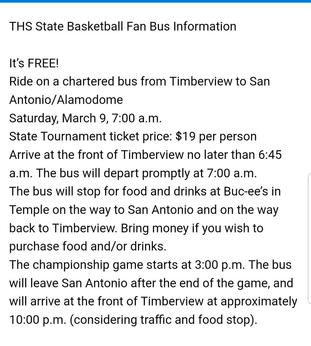 Congrats to our <a href="/TviewBasketball/">TIMBERVIEW BASKETBALL</a> team! They will be playing in the <a href="/uiltexas/">Texas UIL</a> 5A state championship game!! They need our help!  Ride to the Championship game for Free!!!  Details below..signup starts first thing tomorrow with the receptionist as you walk in school!@TimberviewHigh