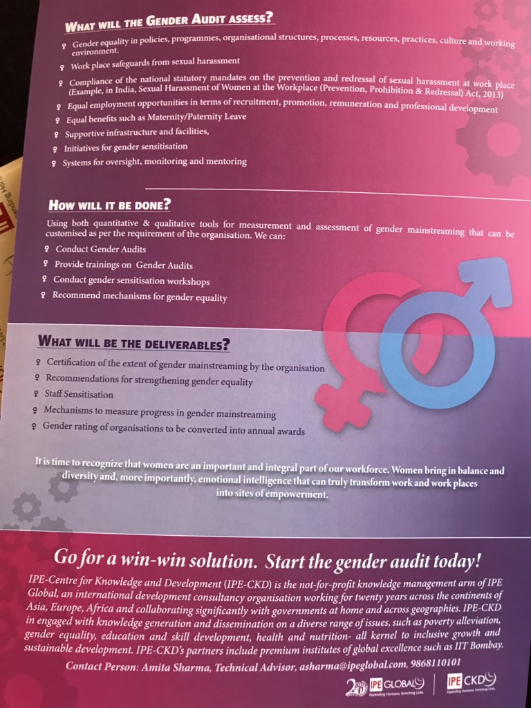 IPEGlobal's tweet photo. Know what it gender audit-
#GenderAudit #IPECKD #BalanceforBetter #IWD2019 #genderparity
@UN_Women @unwomenindia @MSDESkillIndia @WorldBankIndia @MinistryWCD @MoHFW_INDIA @PTI_News @bsb2bconnect @aajtak @ndtv
@the_hindu https://t.co/O2EgDyeQi4