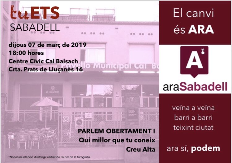 arasbd's tweet photo. #ARA #tuEtsSabadell parlem obertament amb veïnes i veïns, entitats i comerços del barri. Qui millor que tu coneix Creu Alta. També parlem de #Residencies Zona Blava i #VagaFeminista8M 
Propostes al programa “Sabadell 2019-2030” Encarem #26M2019 #ARASIPODEM #elCANVIesARA https://t.co/ZHLI1krsiV